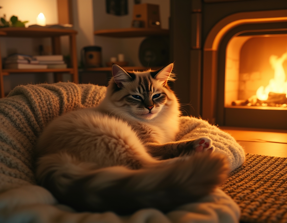 Cat is curled up on a plush rug in front of a glowing fireplace. Its fur glistens in the warm firelight, with cozy living room details like books and candles in the background.